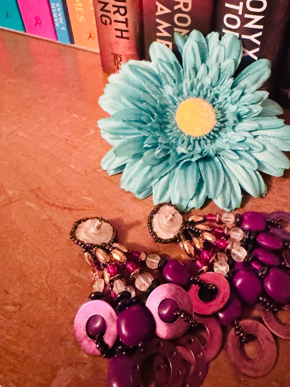 Purple Beaded Chunky Statement Earrings Sequins - Picture 8 of 8